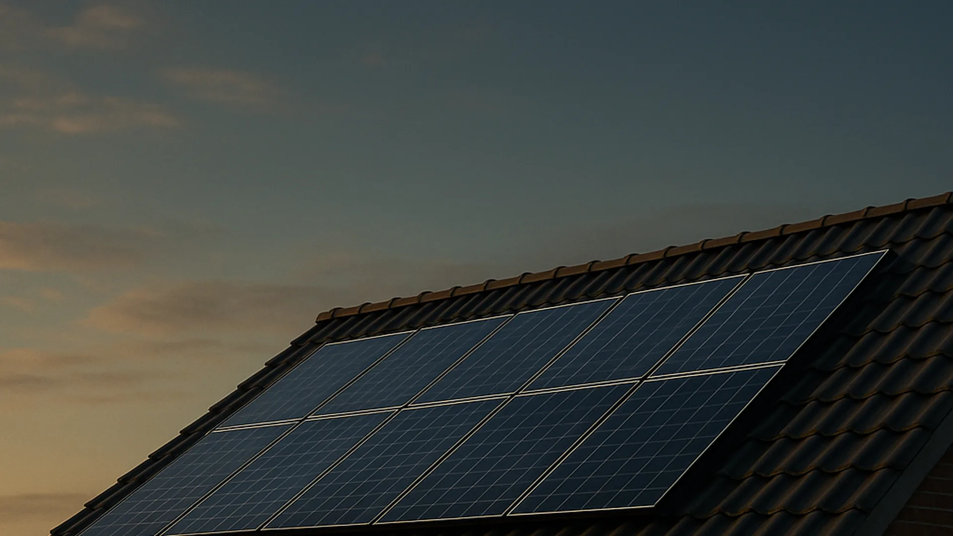 Solceller på taget af et parcelhus under blå himmel